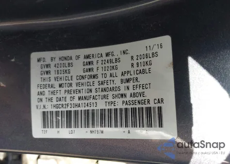 2017 Honda Accord Lx from USA, damaged, VIN 1HGCR2F30HA104513